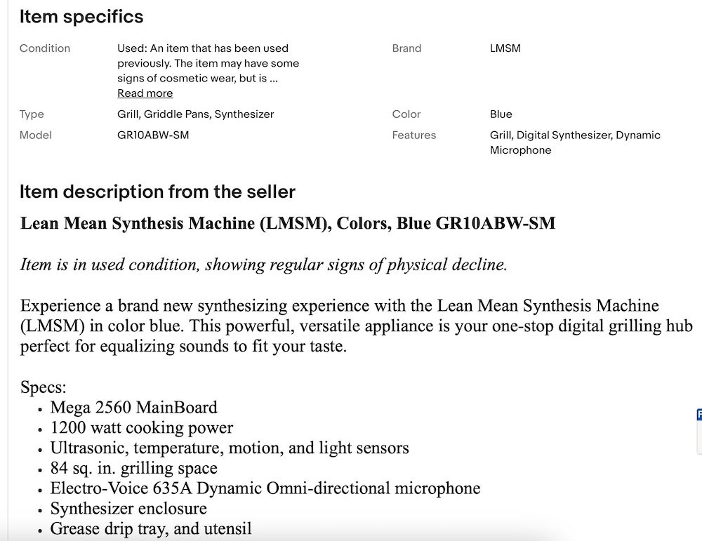 Ebay description text for Lean Mean Synthesis Machine synthesizer by Doug MacDowell